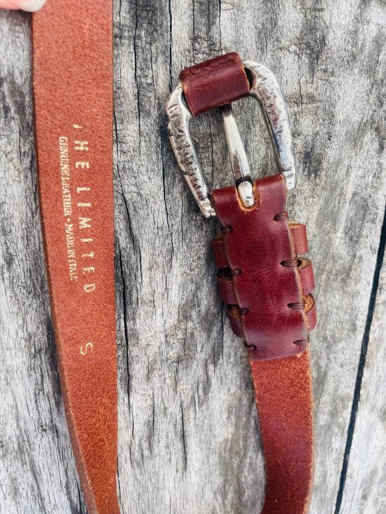 The Limited Genuine Leather Brown Narrow Dented Silver Buckle Belt Made in Italy main image 5